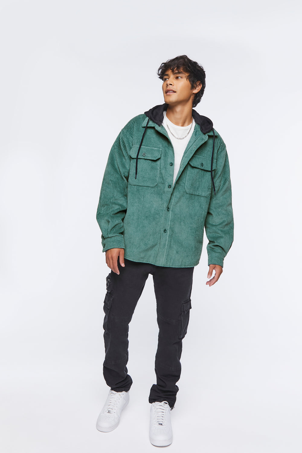 Corduroy Hooded Combo Shacket Green