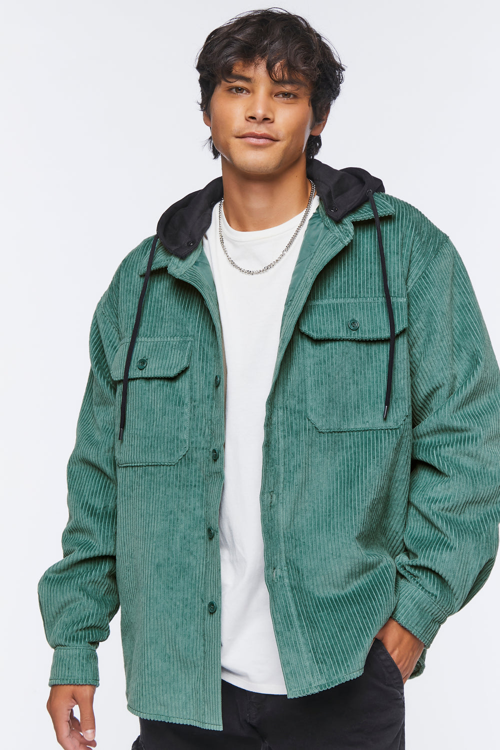 Corduroy Hooded Combo Shacket Green