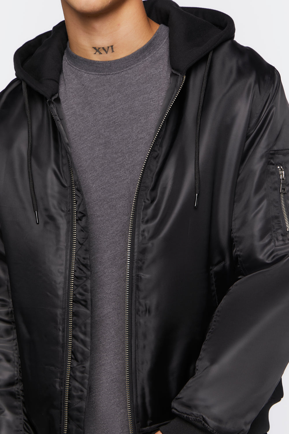 Hooded Zip-Up Bomber Jacket Black