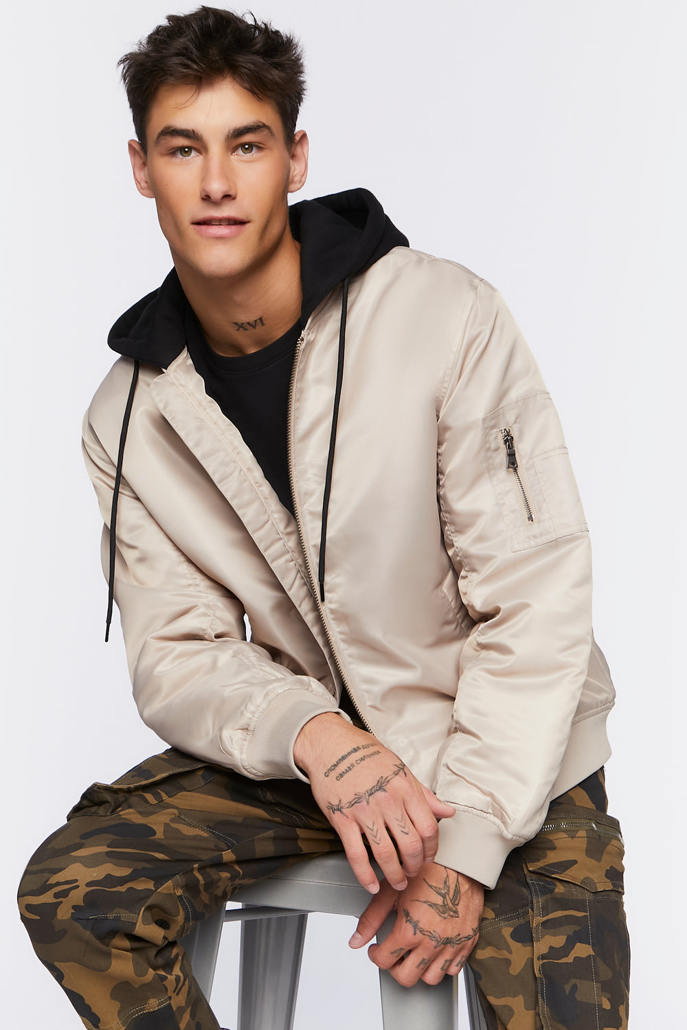 Hooded Zip-Up Bomber Jacket Taupe