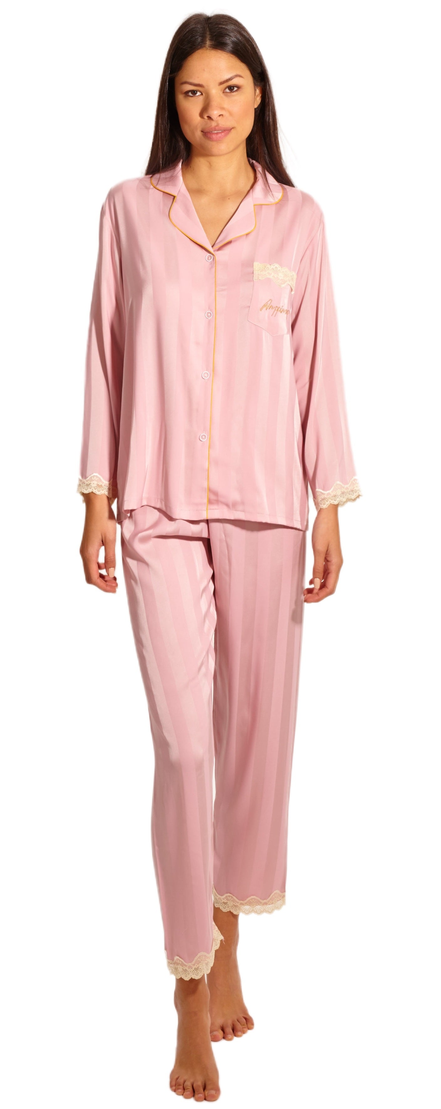 Conjunto de Pijama de Seda Satén 2pcs Camiseta Abotonada con Bolsillos y Pantalones con Encaje Mujer Laura Lily 