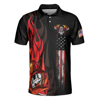 Firefighter Skull Flame Short Sleeve Polo Shirt, Black American Flag Firefighter Shirt For Men - Hyperfavor