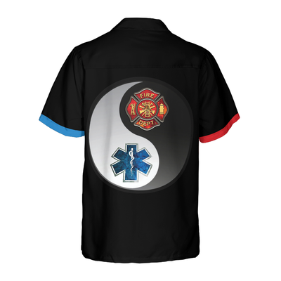 Firefighter And Paramedic Yin And Yang Firefighter Hawaiian Shirt, Red Fire Dept Logo And Blue Star Of Life Firefighter Shirt For Men - Hyperfavor