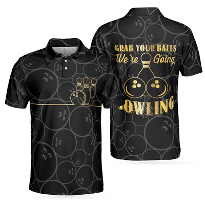 Grab Your Ball We're Going Bowling Polo Shirt, Bowling Ball Pattern Polo Shirt, Black Bowling Shirt For Men - Hyperfavor