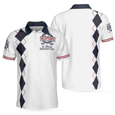 Weapons Of Grass Destruction Short Sleeve Polo Shirt, White And Navy Argyle Pattern Polo Shirt, Best Golf Shirt For Men - Hyperfavor