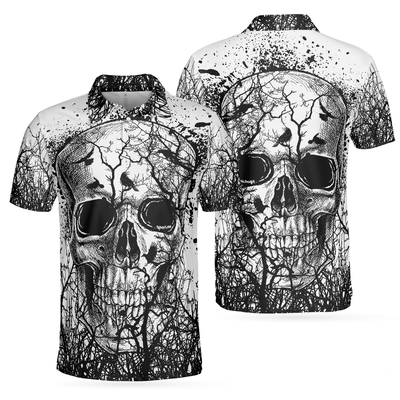 Skull Crow Black And White Short Sleeve Polo Shirt, Dark Forrest Skull Crow Shirt For Men - Hyperfavor