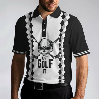 Just Golf It Skull Short Sleeve Golf Polo Shirt, Black And White Golf Shirt For Men - Hyperfavor