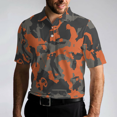 Orange Camouflage Golf Polo Shirt, Golfer Silhouette Pattern Polo Shirt, Camo Golf Shirt For Men - Hyperfavor
