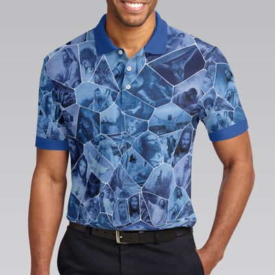 Holy Blue Stained Glass Polo Shirt, Blue Jesus Gallery Polo Shirt, Best Christian Shirt For Men - Hyperfavor