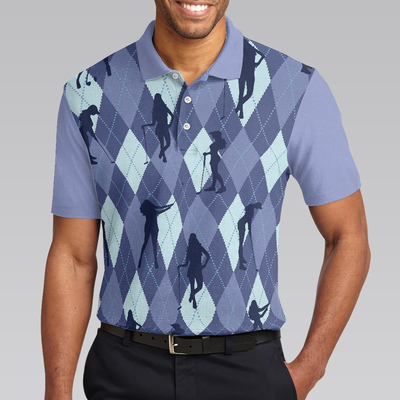 Vintage Blue Palatte Girl Golf Polo Shirt, Argyle Pattern Girl Golfer Silhouette Polo Shirt, Fun Golf Shirt For Men - Hyperfavor