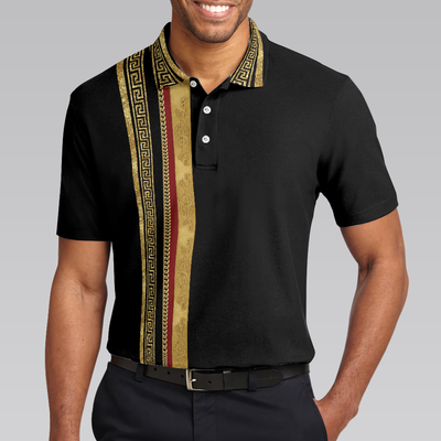 Luxury Baroque Pattern Eagle Badge Golf Polo Shirt, Golden Greek Key Pattern Polo Shirt, Best Golf Shirt For Men - Hyperfavor