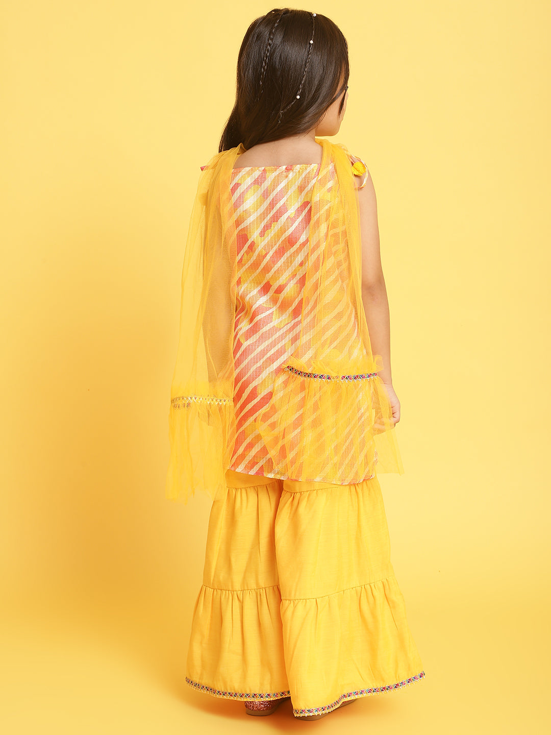 Nautinati Girls Mustard-Multi Printed Sleeveless Polyester Ethenic