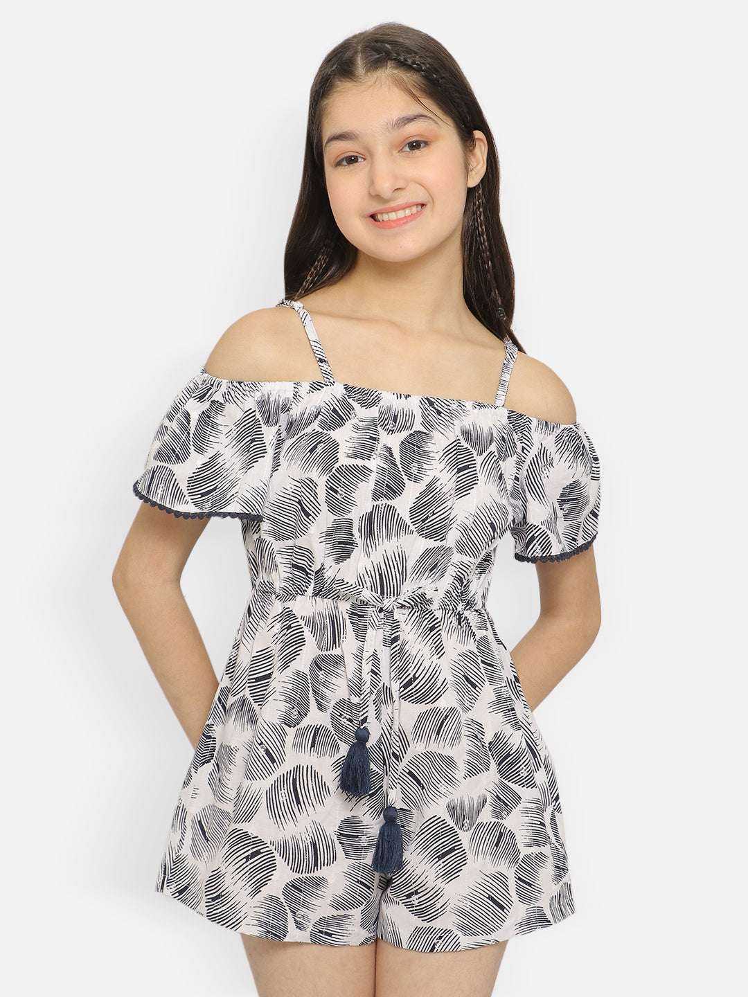 Natilene Girls Abstract Printed Off-Shoulder Cotton Playsuit With Waist Tie-Ups