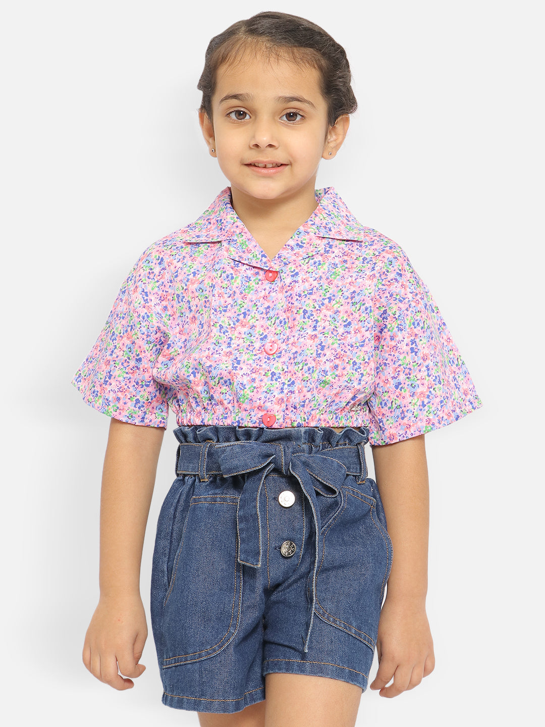 Nautinati Girls Floral Print Cropped Shirt Style Top