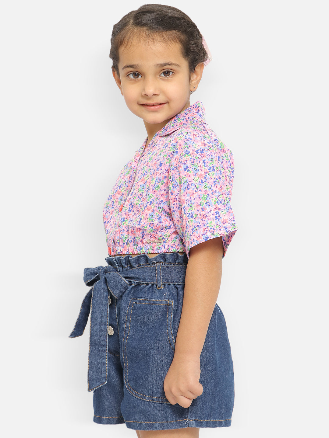 Nautinati Girls Floral Print Cropped Shirt Style Top