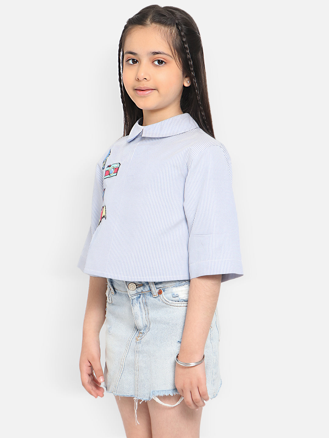 Nautinati Girls Striped Peter Pan Collar Applique Crop Top