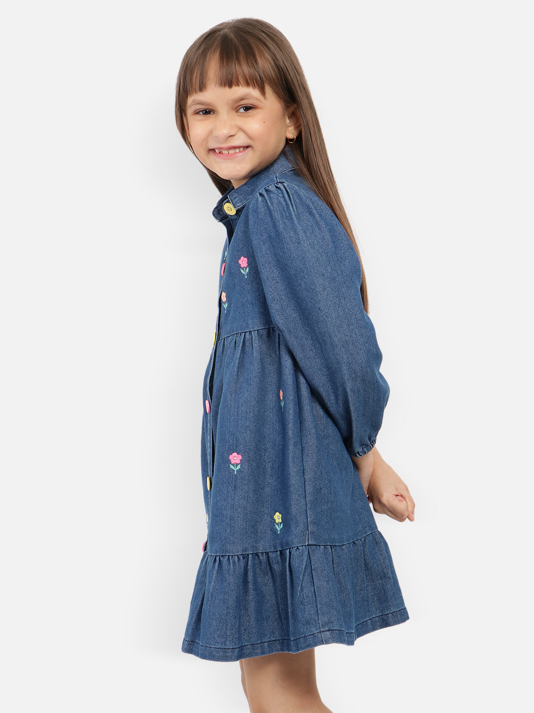 Nautinati Girls Floral Embroidered Gathered Pure Cotton Shirt Dress