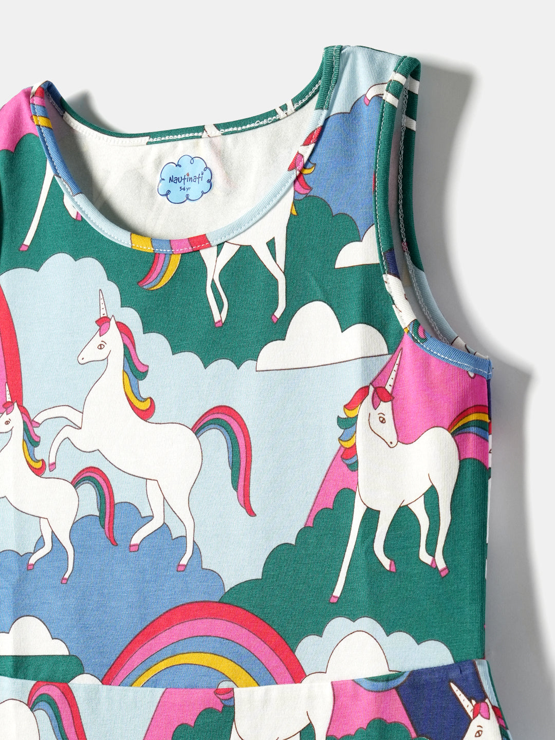 Girls Multicolor Unicorn Printed Sleeveless Round Neck A-Line Dress