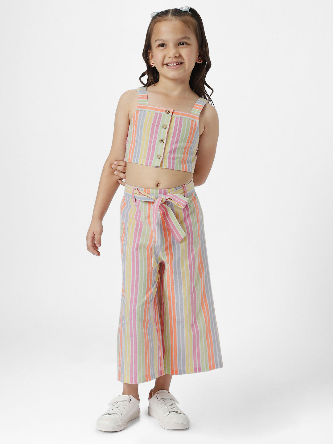 Girls Multicolor Striped Square Neck Blouson Crop Top With Ankle Length Trouser