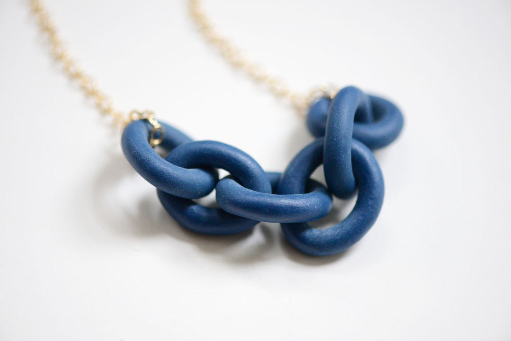 navy harbor chain necklace, porcelain and stone jewelry, made in boston
