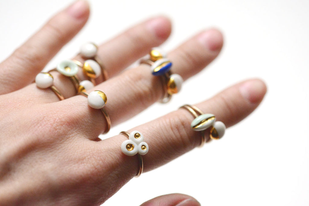 unique porcelain rings, made by PorcelainAndStone.com, beach ready
