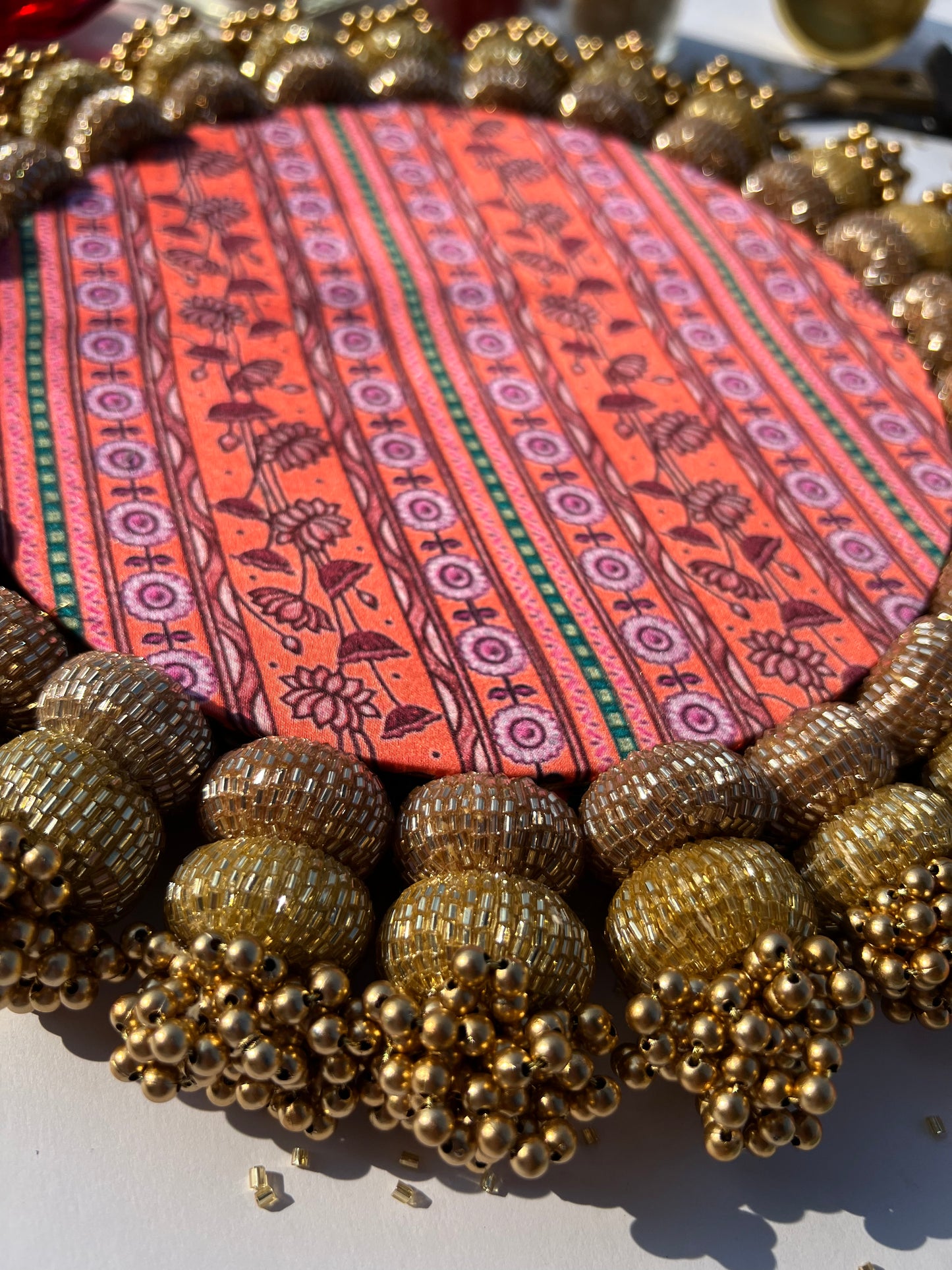Mini Chaandbali Bottle Green Navratna Patola & Vermillion Congruous Divine Pichwai Rangoli
