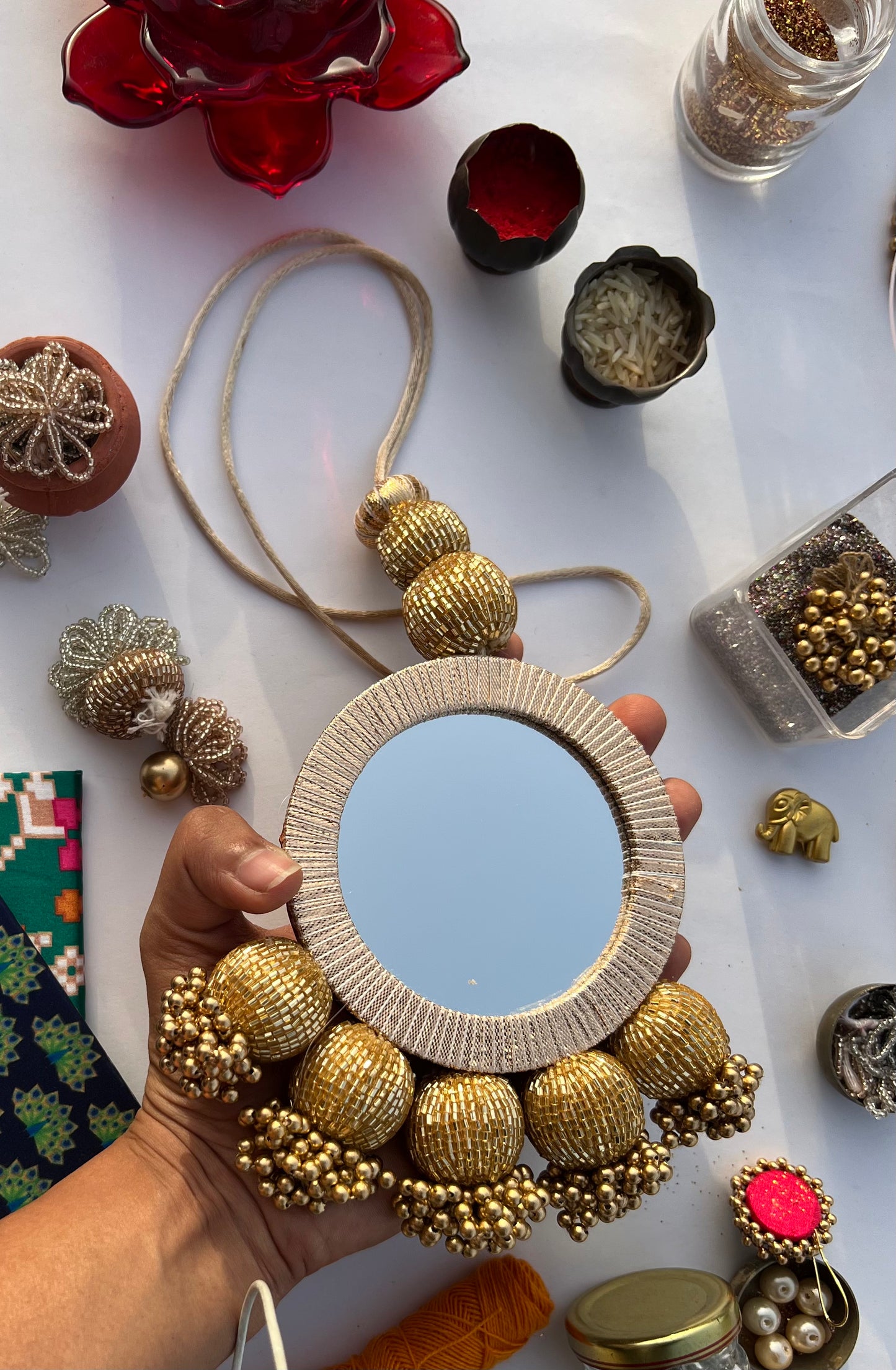 HOUSEWARMING ESSENTIAL: Royal Blue Parrot & Mirror Two-Way Long Thread Hanging