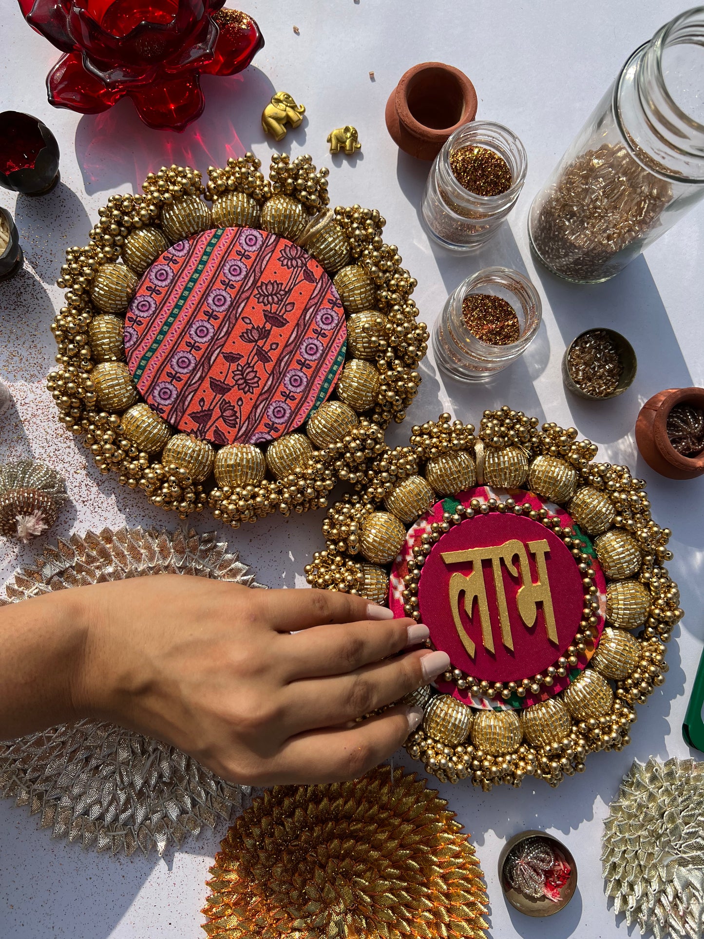 Pink Navratna Patola & Vermillion Congruous Divine Pichwai Spherical Glass Beaded Shubh Labh Pallet