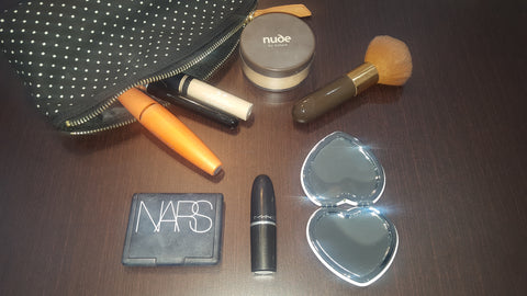 makeup bag, mac lipstick, nude , nars, mascara , foundation 