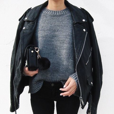 leather jacket, winter essentials, jumper, black , grey