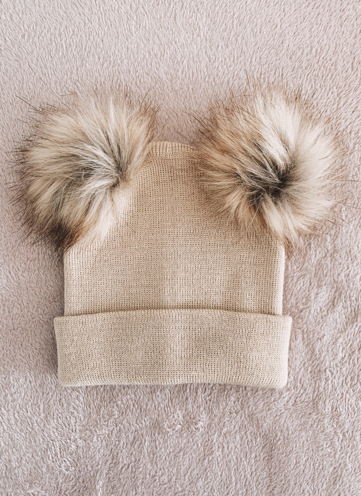 Beige Double Pom Pom Beanie