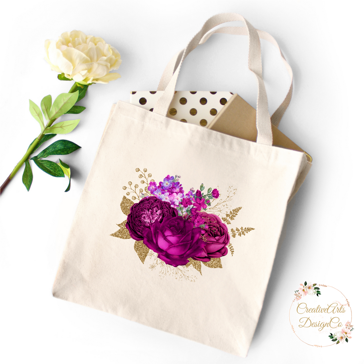 Event Blossom Personalized Spring Rose Design Tote Bag w/ Script Name