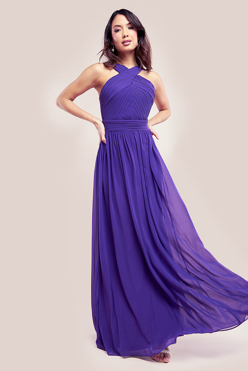 Goddiva Halter Neck Chiffon Maxi Dress - Purple