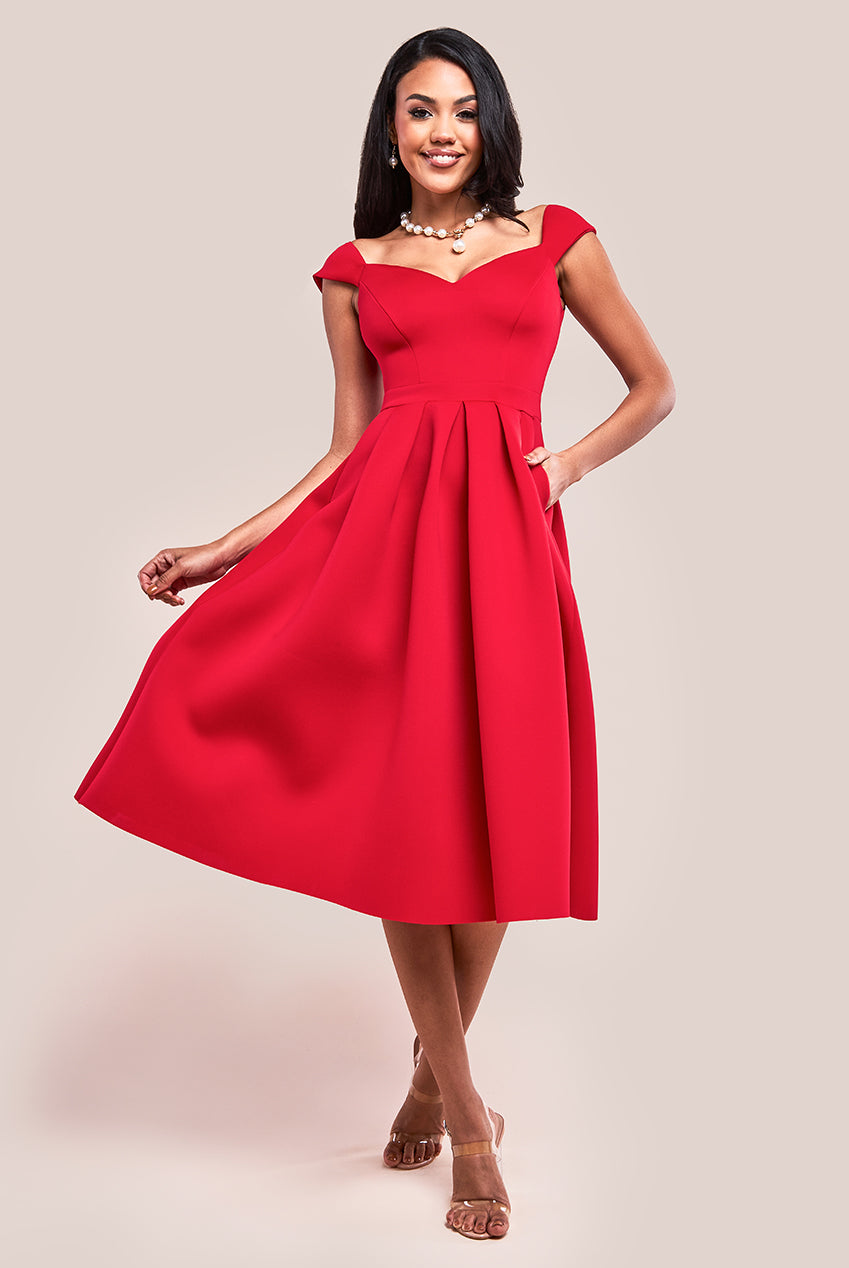 Goddiva Scuba Foam Skater Midi Dress - Red