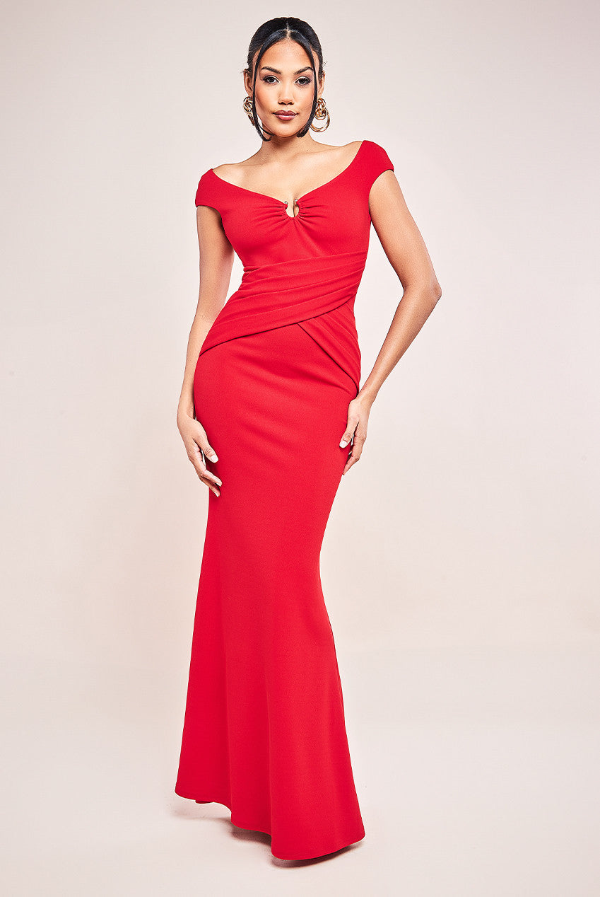 Goddiva Bardot Pleated Maxi With Metal Trim Maxi Dress - Red