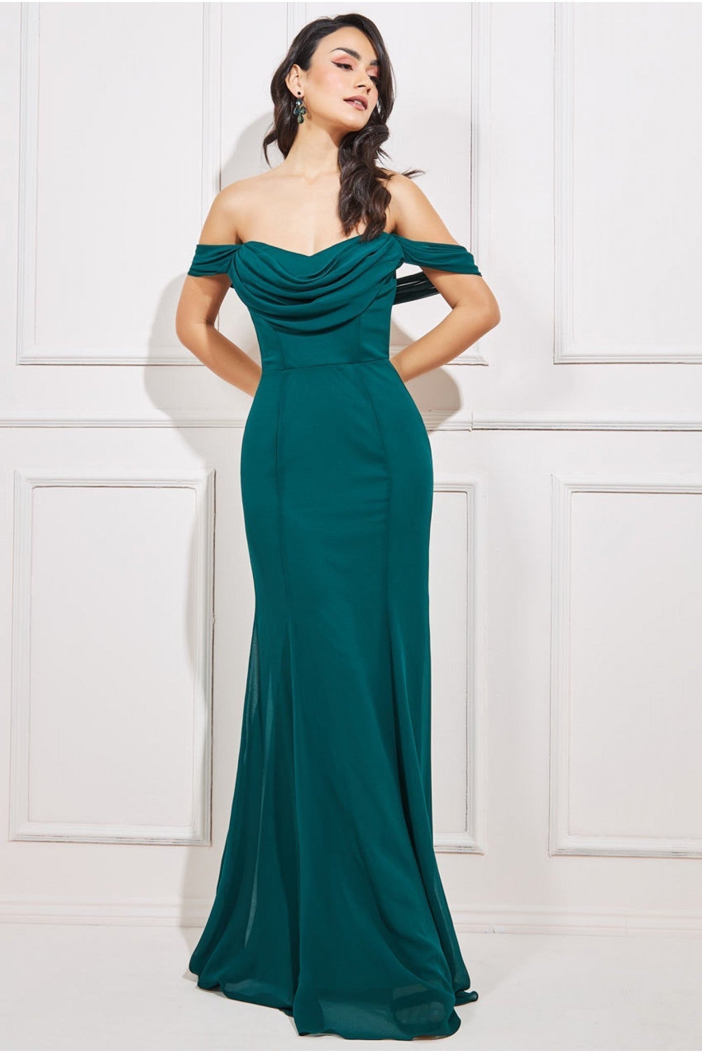 Goddiva Chiffon Bardot Cowl Neck Maxi Dress - Emerald Green