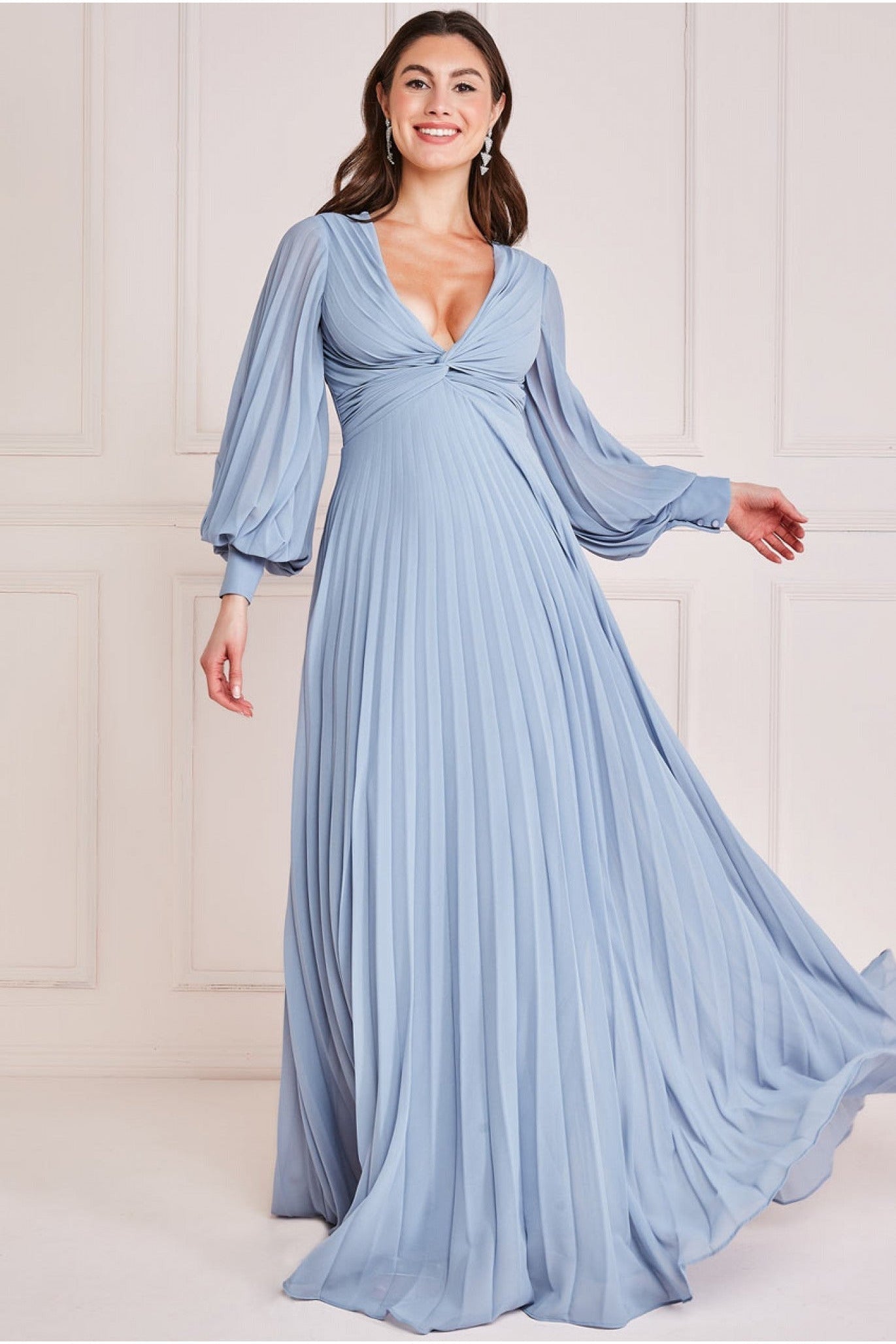Goddiva Fully Pleated Chiffon Maxi Dress - Blue