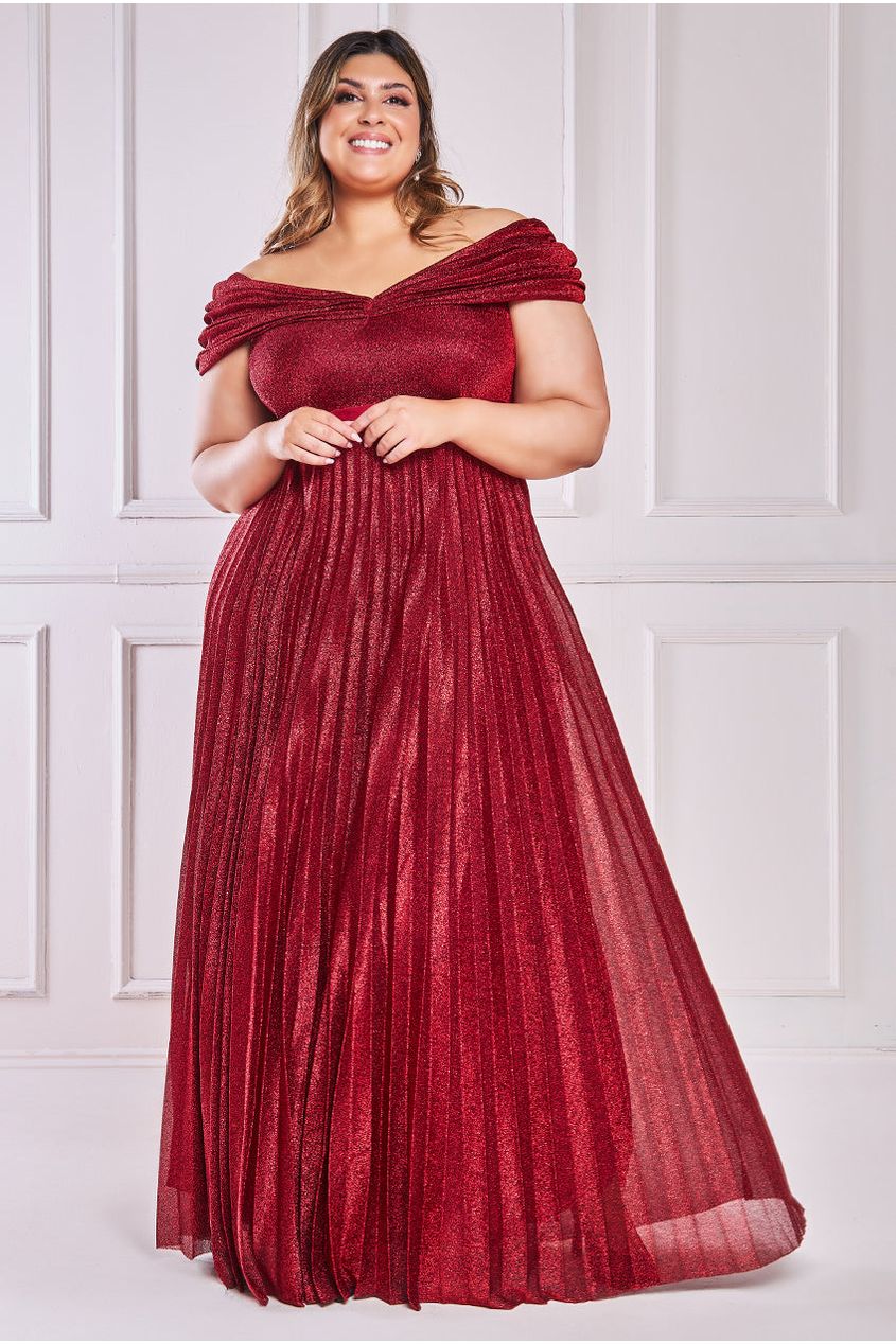 Goddiva Plus Bardot Pleated Skirt Maxi Dress - Red