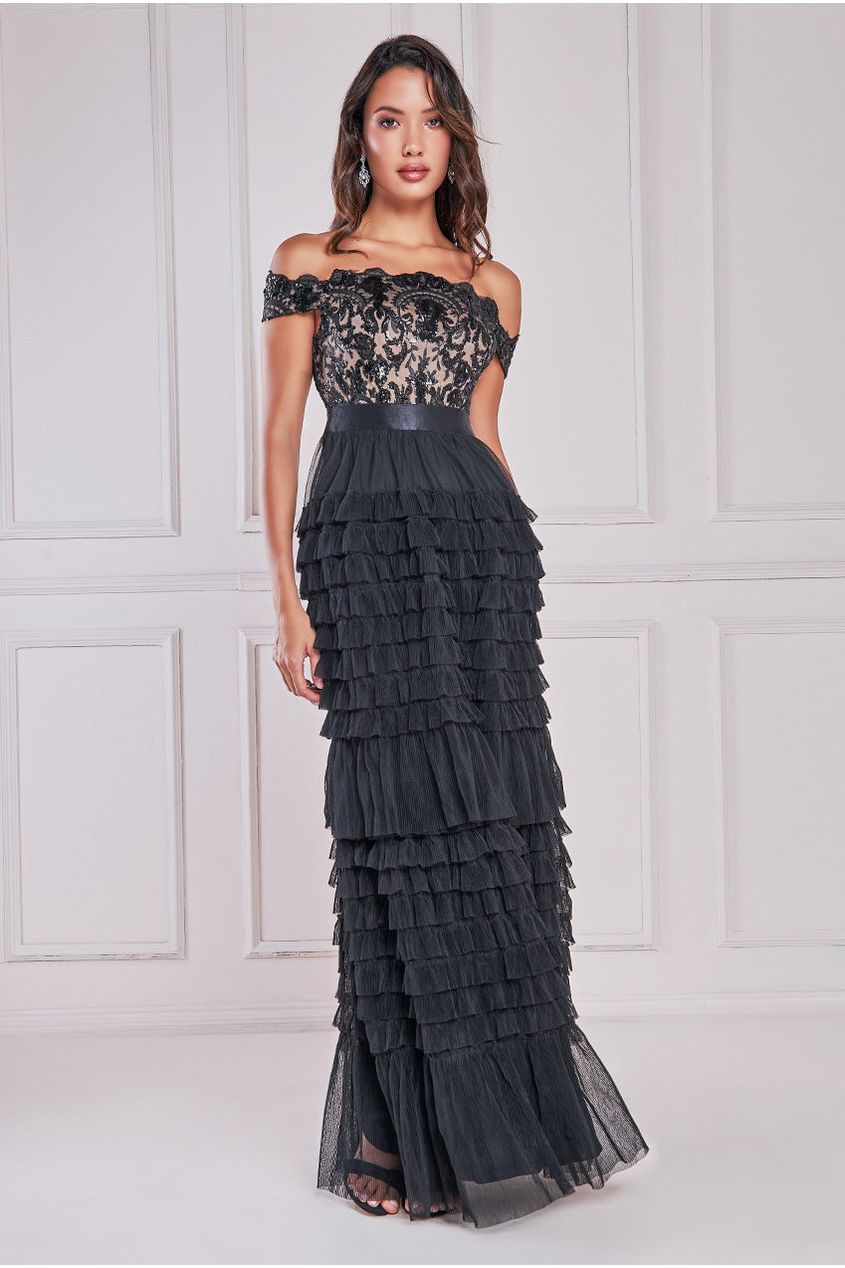 Goddiva Scallop Bardot Ruffle Mesh Maxi - Black