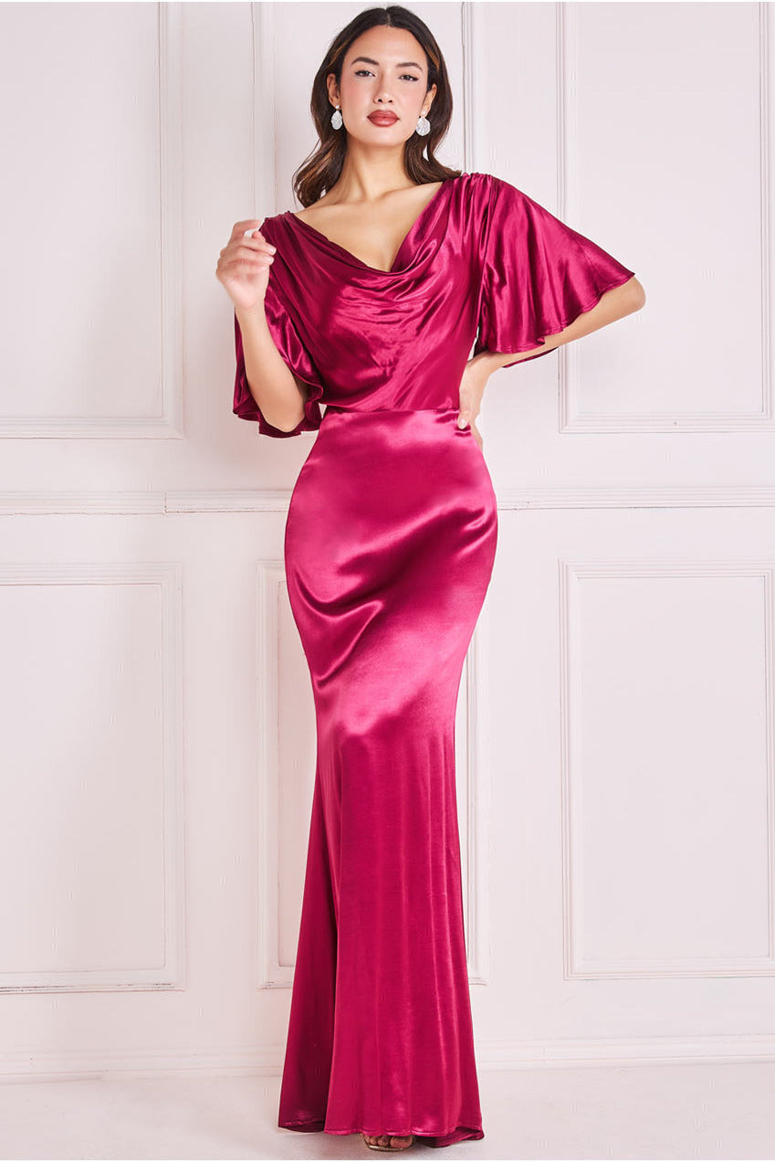 Goddiva Satin Viscose Cowl Neck Maxi With Train - Burgundy