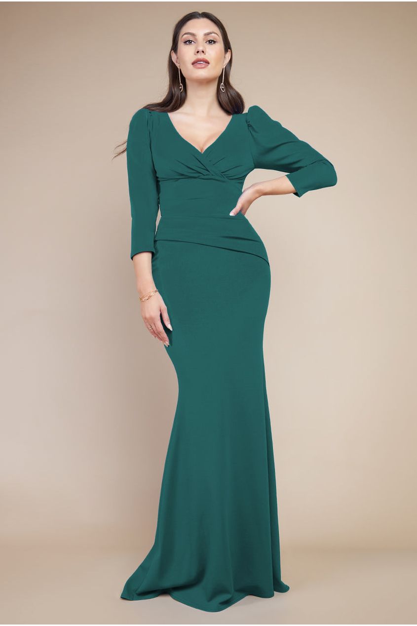 Goddiva Front Wrap Pleated Scuba Maxi Dress - Emerald Green