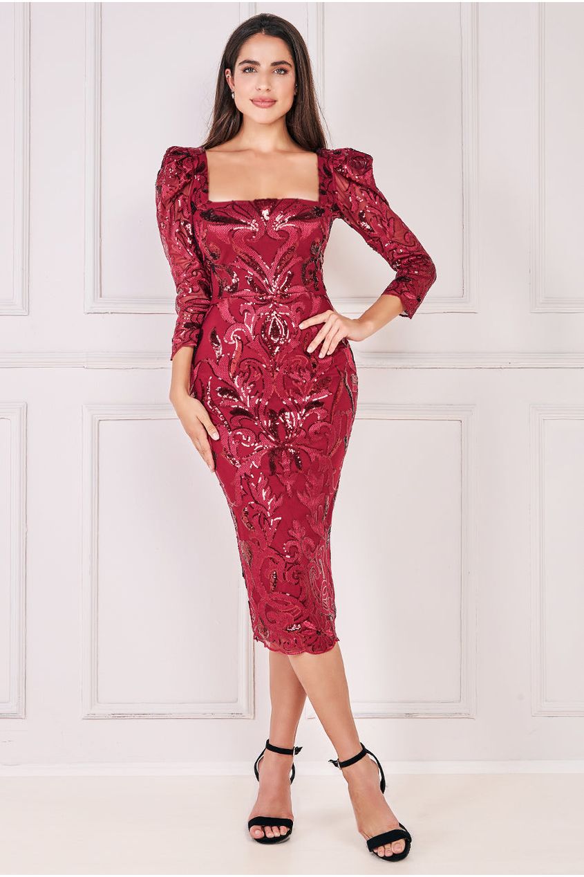 Goddiva Square Neck Scalloped Lace Midi - Wine