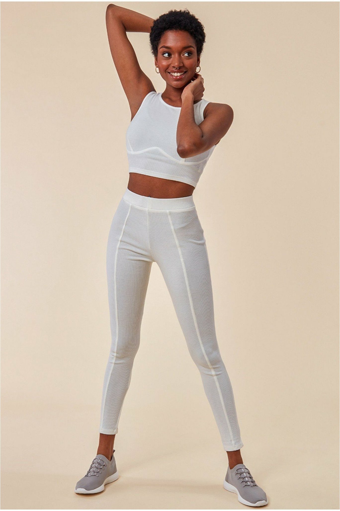 Cosmochic High Neck Crop Top With Leggings Set - White