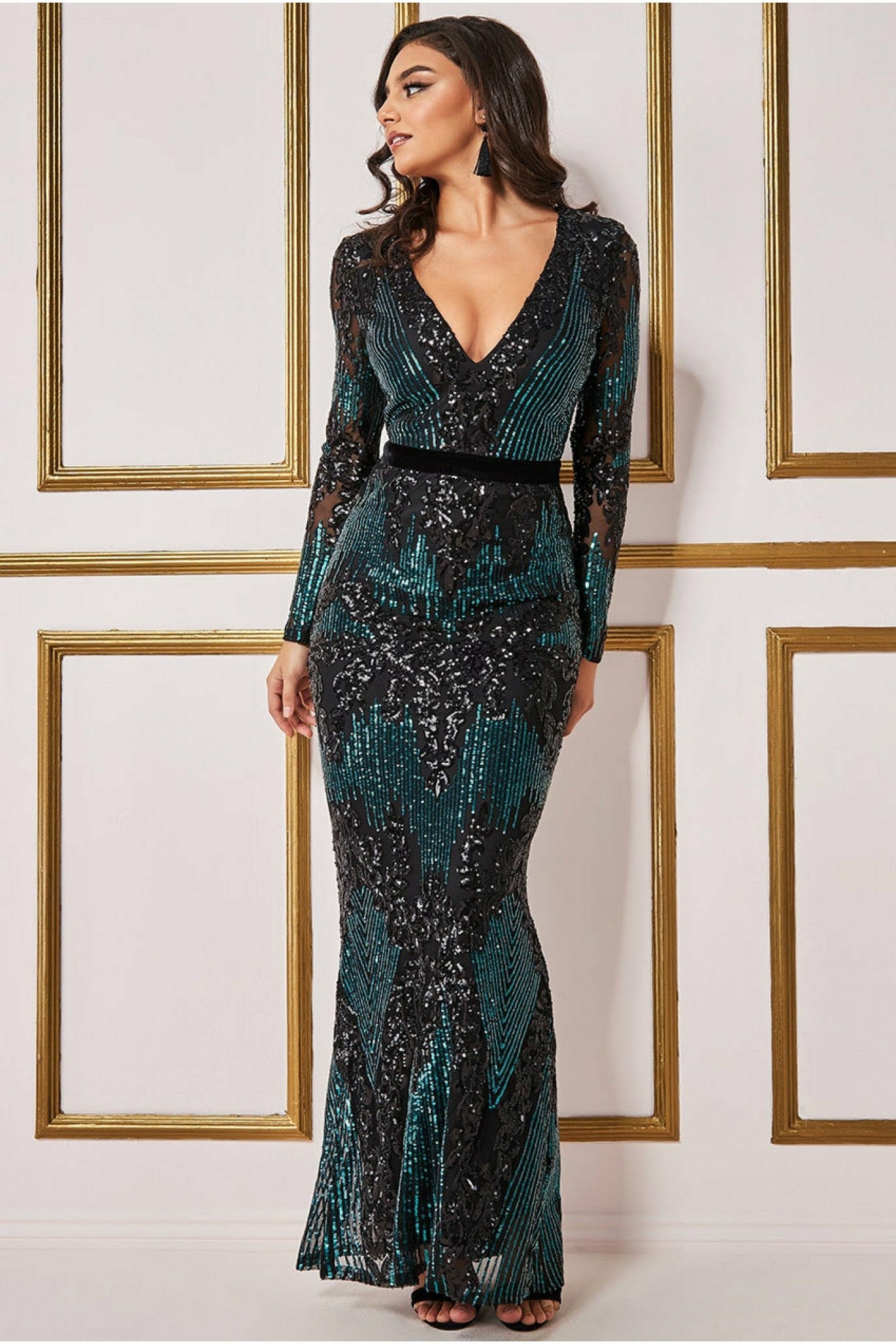 Goddiva Long Sleeve Sequin Evening Maxi Dress - Emerald
