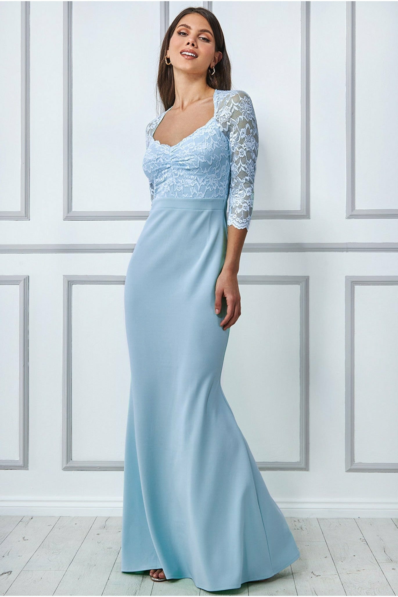 Goddiva Lace Bodice Maxi Dress With Sleeves - Powder Blue