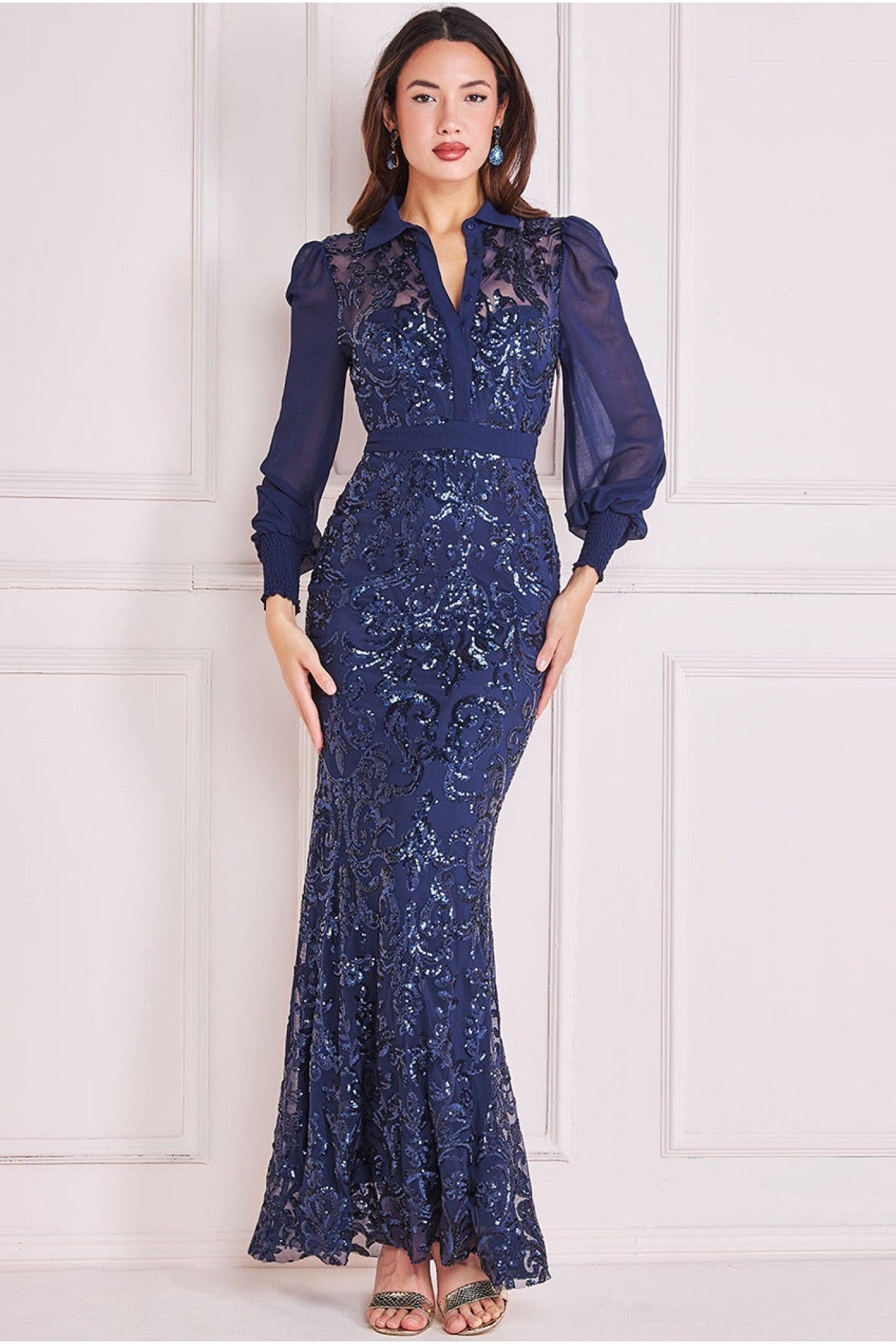 Goddiva Sequin Mesh Shirt Maxi Chiffon Sleeves - Navy