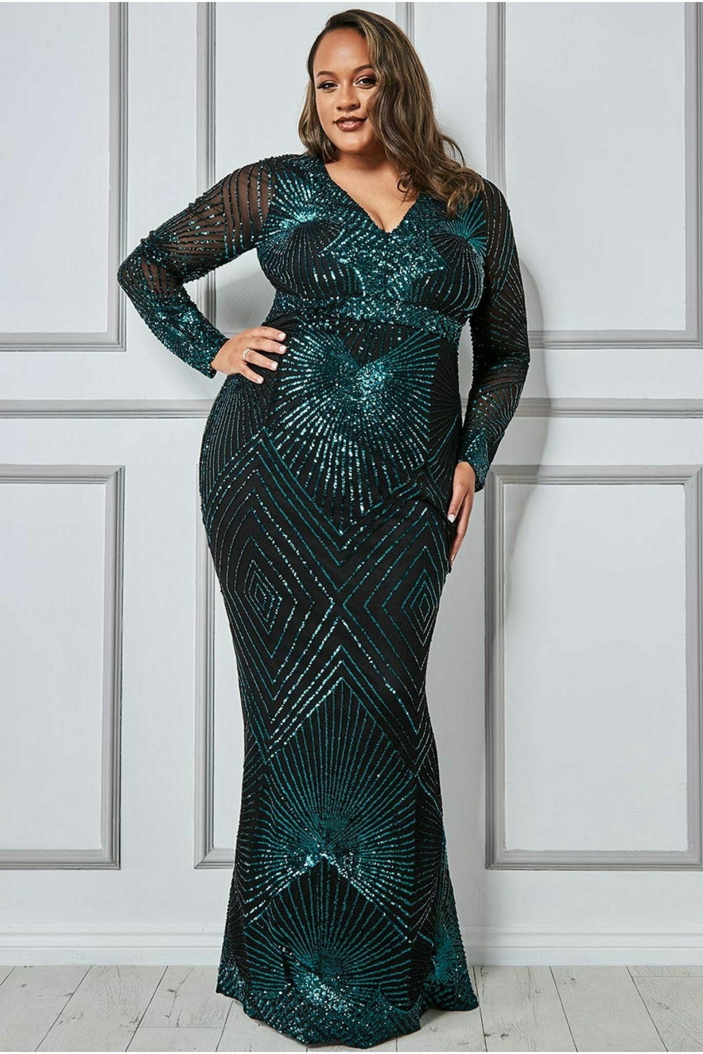 Goddiva Plus Starburst Sequin Maxi Dress - Emerald