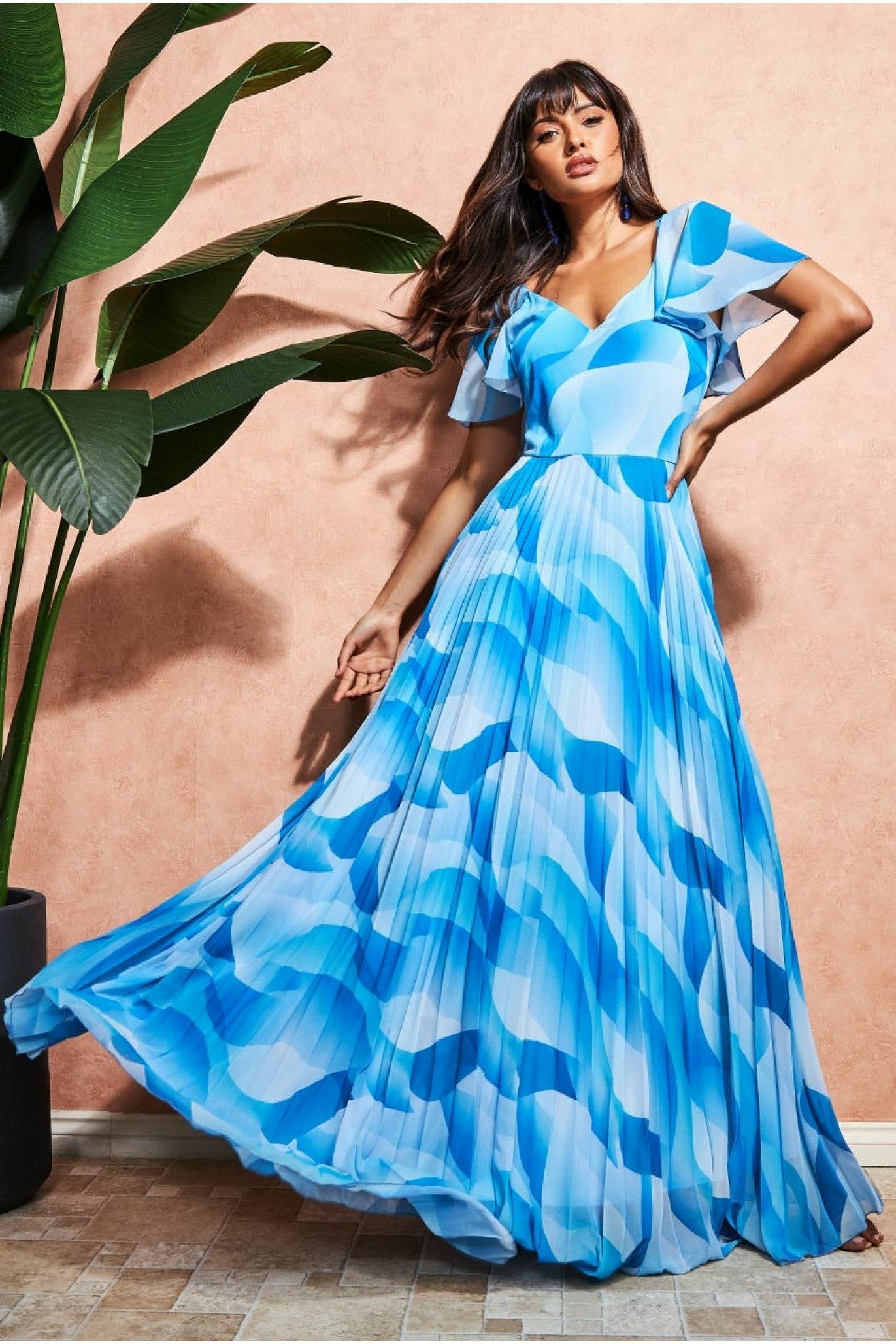 Goddiva Printed Chiffon Pleated Maxi Dress - Blue