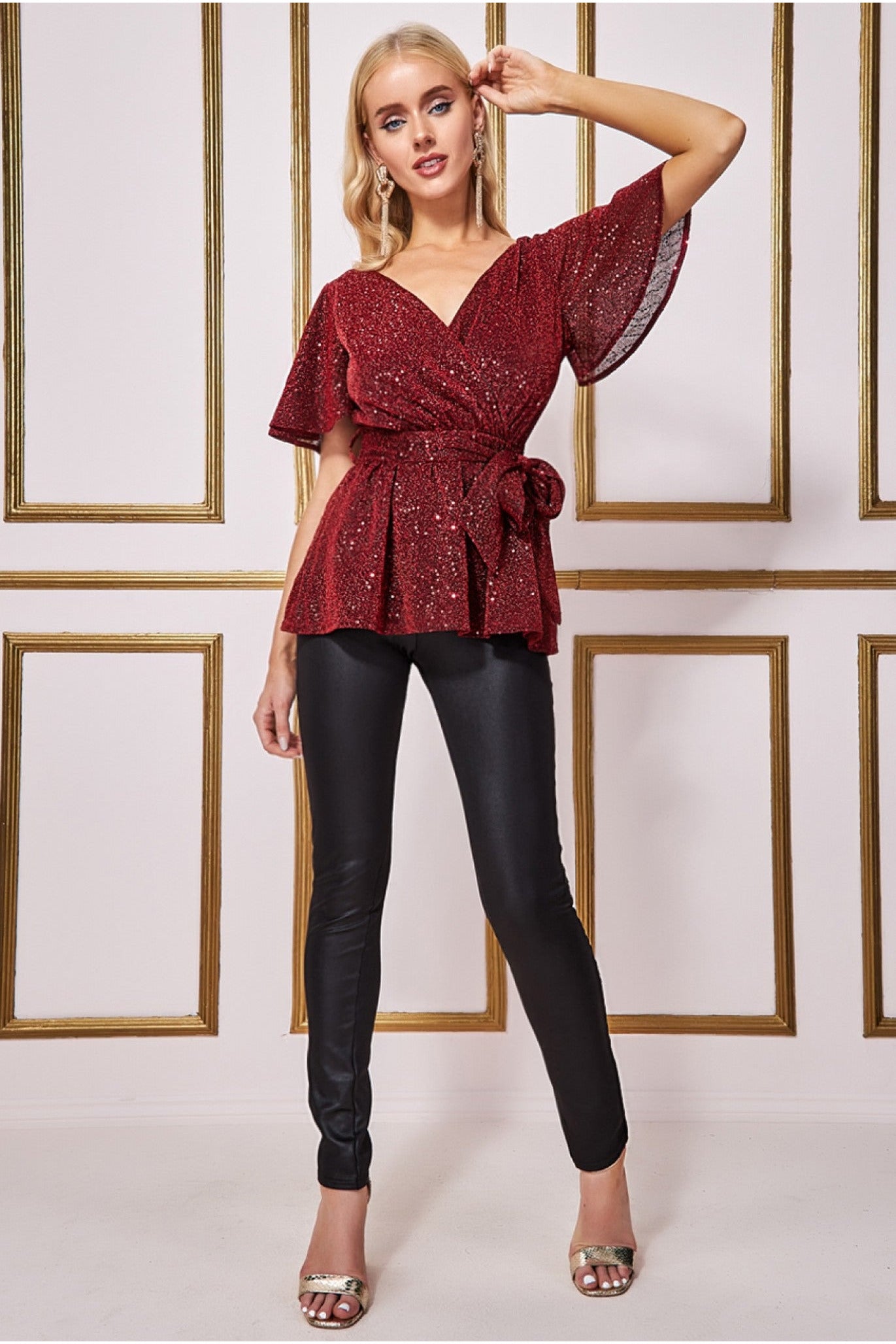 Goddiva Lurex Flutter Sleeve Wrap Top - Wine