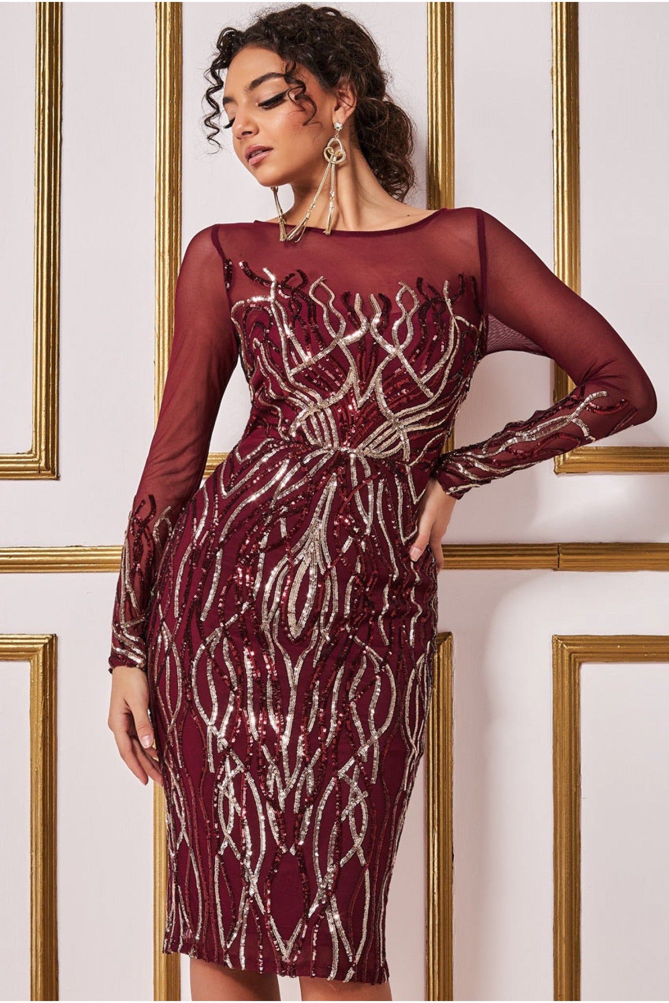 Goddiva Long Sleeve Sequin Flame Midi Dress - Wine